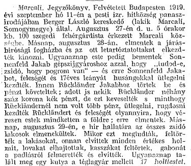 Részlet a „A dunántúli zsidóüldözések aktáiból” (Forrás: Egyenlőség, 1919. 09. 18., 3.o.)
